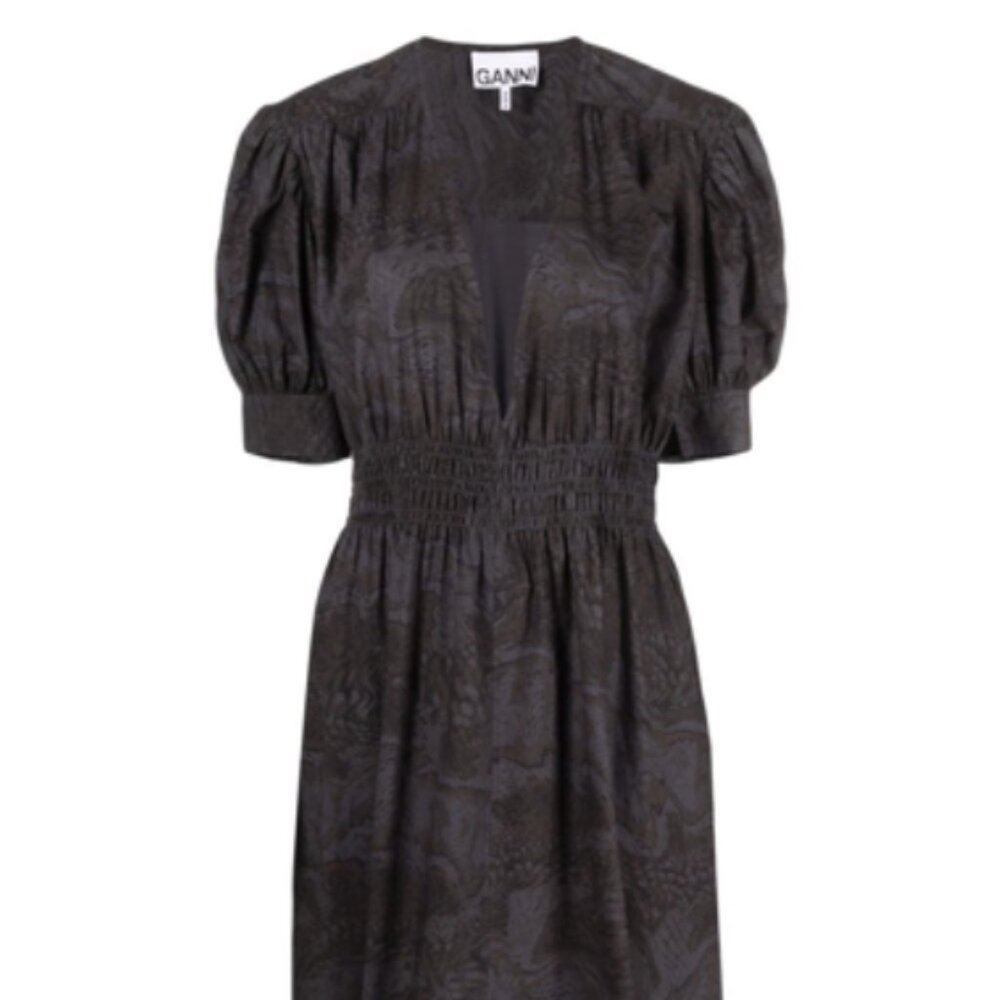 GANNI Shirred Printed Organic Cotton-poplin Midi Dress In Phantom